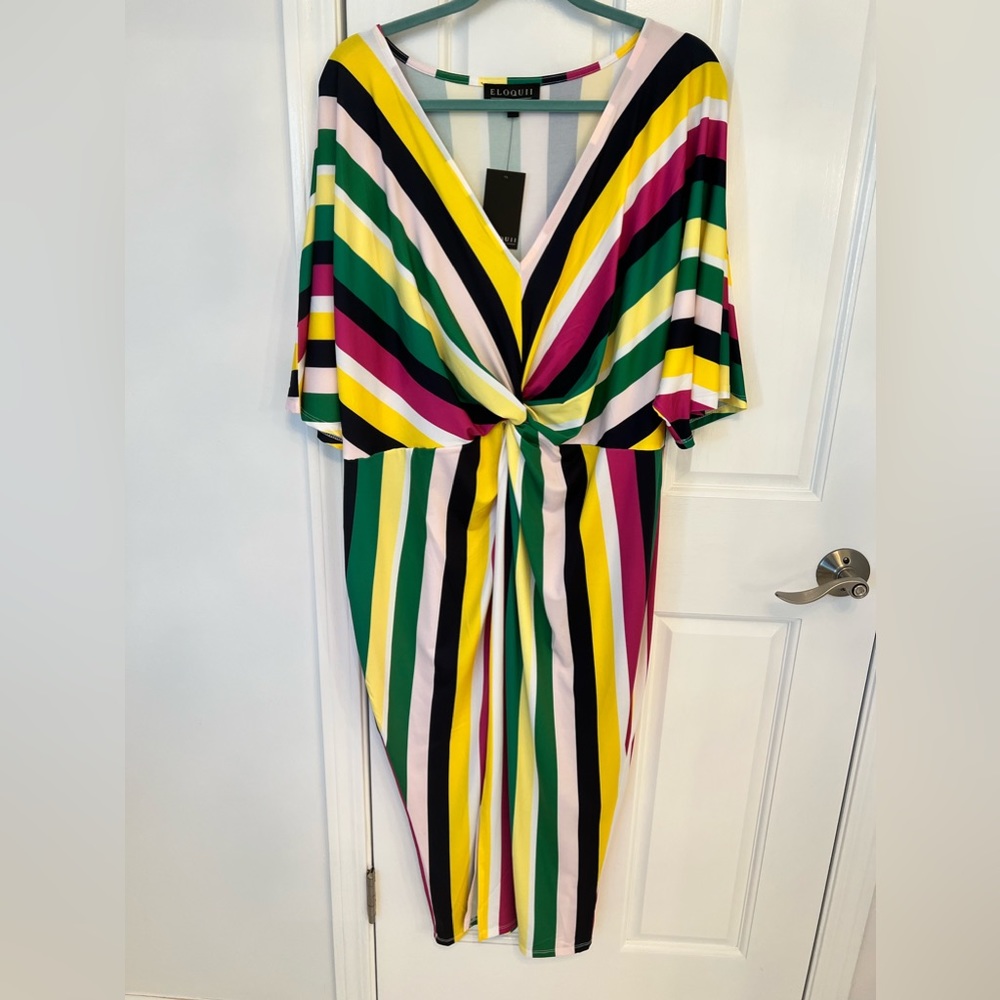 NEW ELOQUII Striped V Neck Short Sleeve Tie Knot Waist Dress,  Plus-Size 20